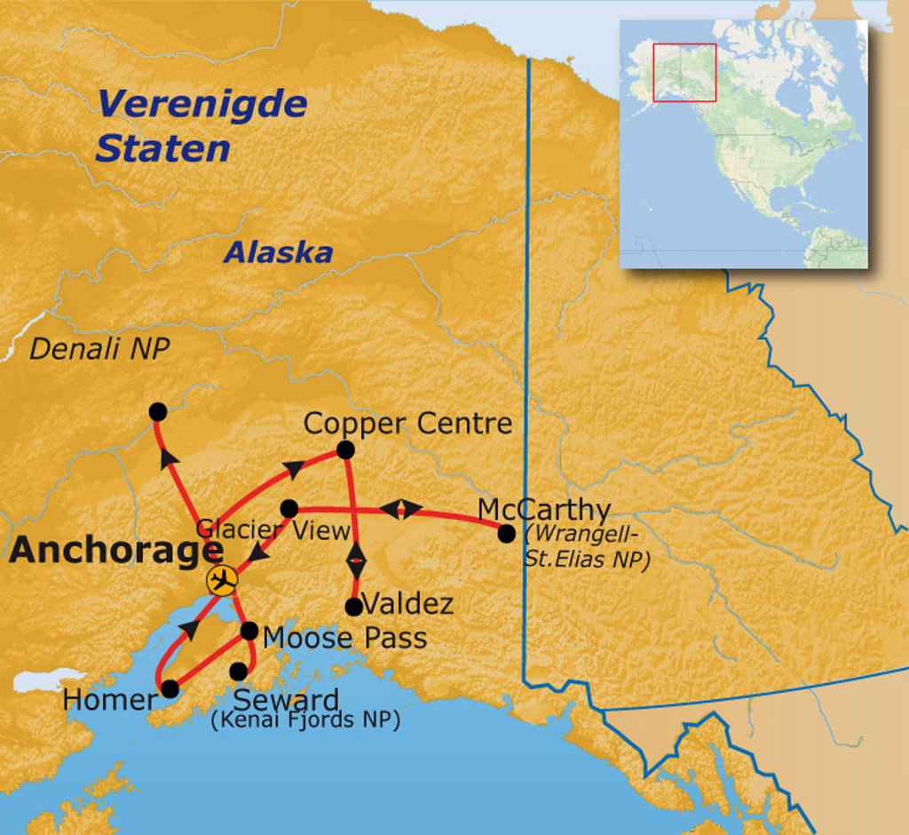 Routekaart Alaska met reisroute langs Anchorage, Denali NP, McCarthy, Valdez, Seward en Homer.