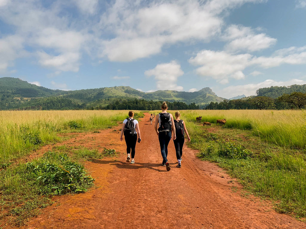Jonge reizigers wandelen met rugzak over een zandpad door het Zuid-Afrikaanse landschap tijdens een 22-35ers rondreis.