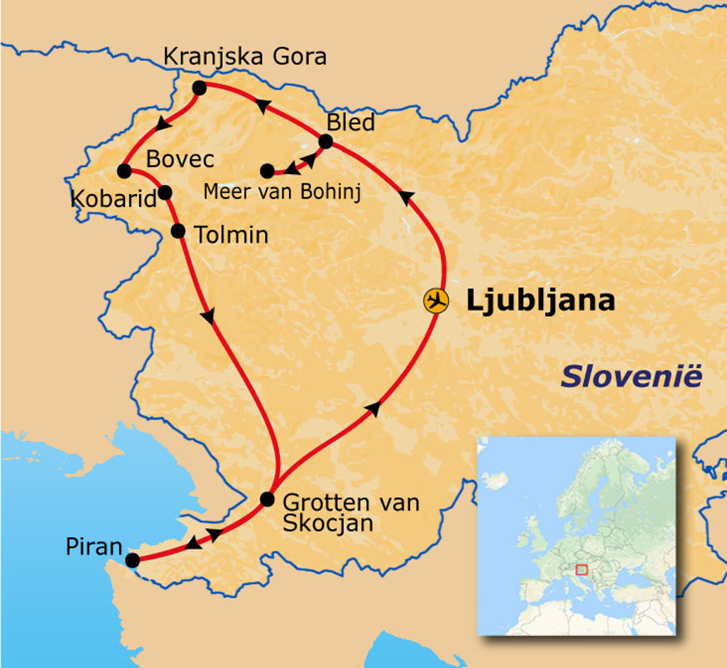 Routekaart Slovenië met reisroute langs Ljubljana, Bled, Meer van Bohinj, Kranjska Gora, Kobarid, Piran en Škocjan.
