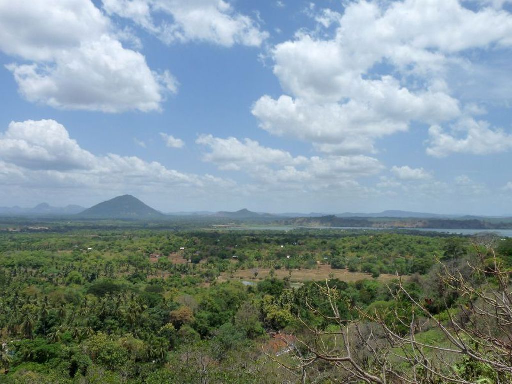 Panoramisch uitzicht over het groene landschap van Sri Lanka met berg in de verte en wolkenlucht.