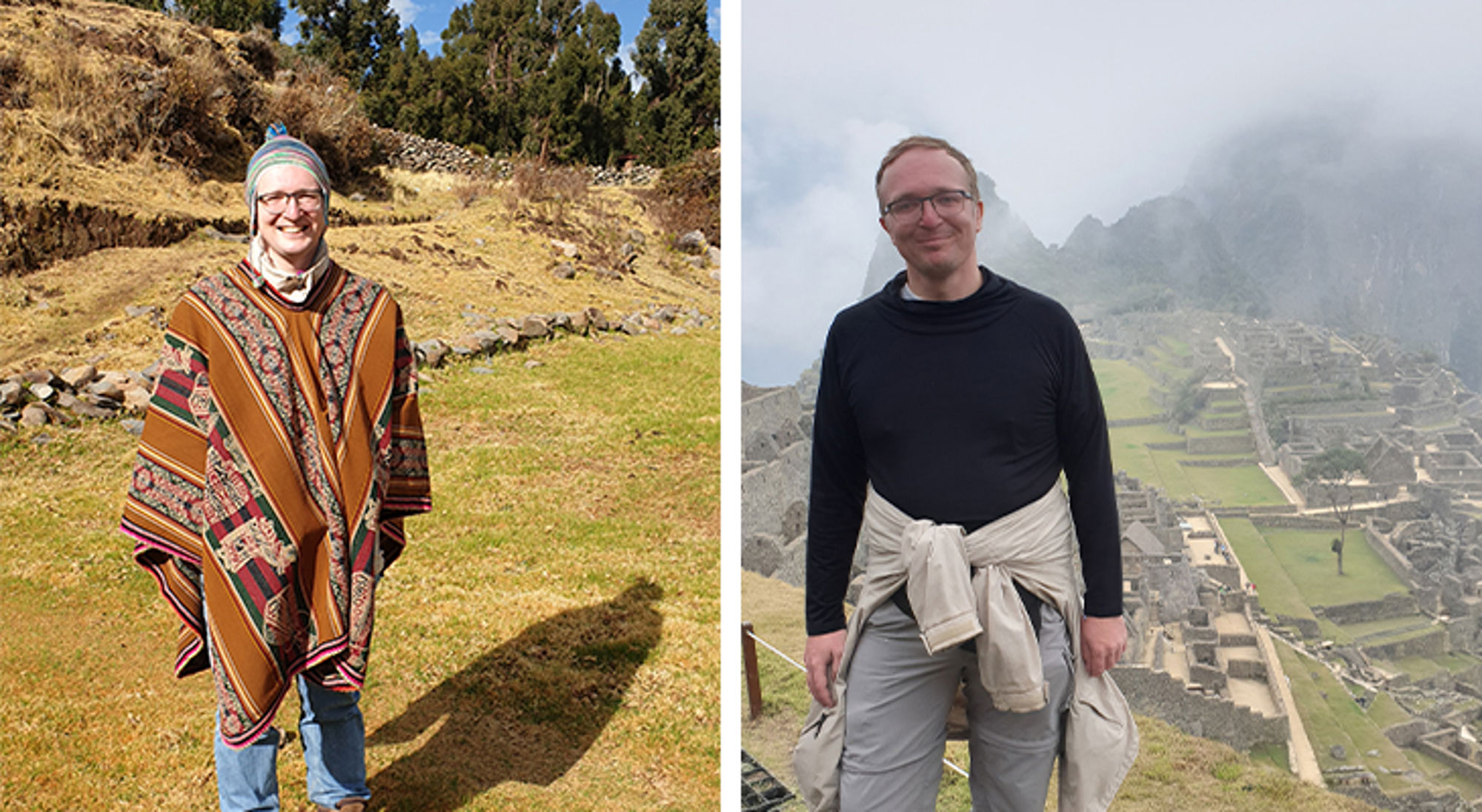 Jasper in Peru Reiziger poseert in Peru, links in poncho op het platteland en rechts bij Machu Picchu in de mist.