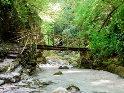 Houten brug over een heldere bergbeek in een groene kloof in de Centrale Apennijnen, Italië.
