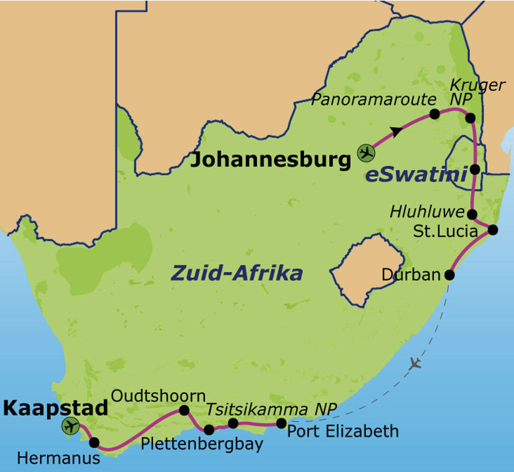 Routekaart Zuid-Afrika 20 dagen via Kaapstad, Port Elizabeth, Durban, eSwatini, Panoramaroute en Kruger NP.