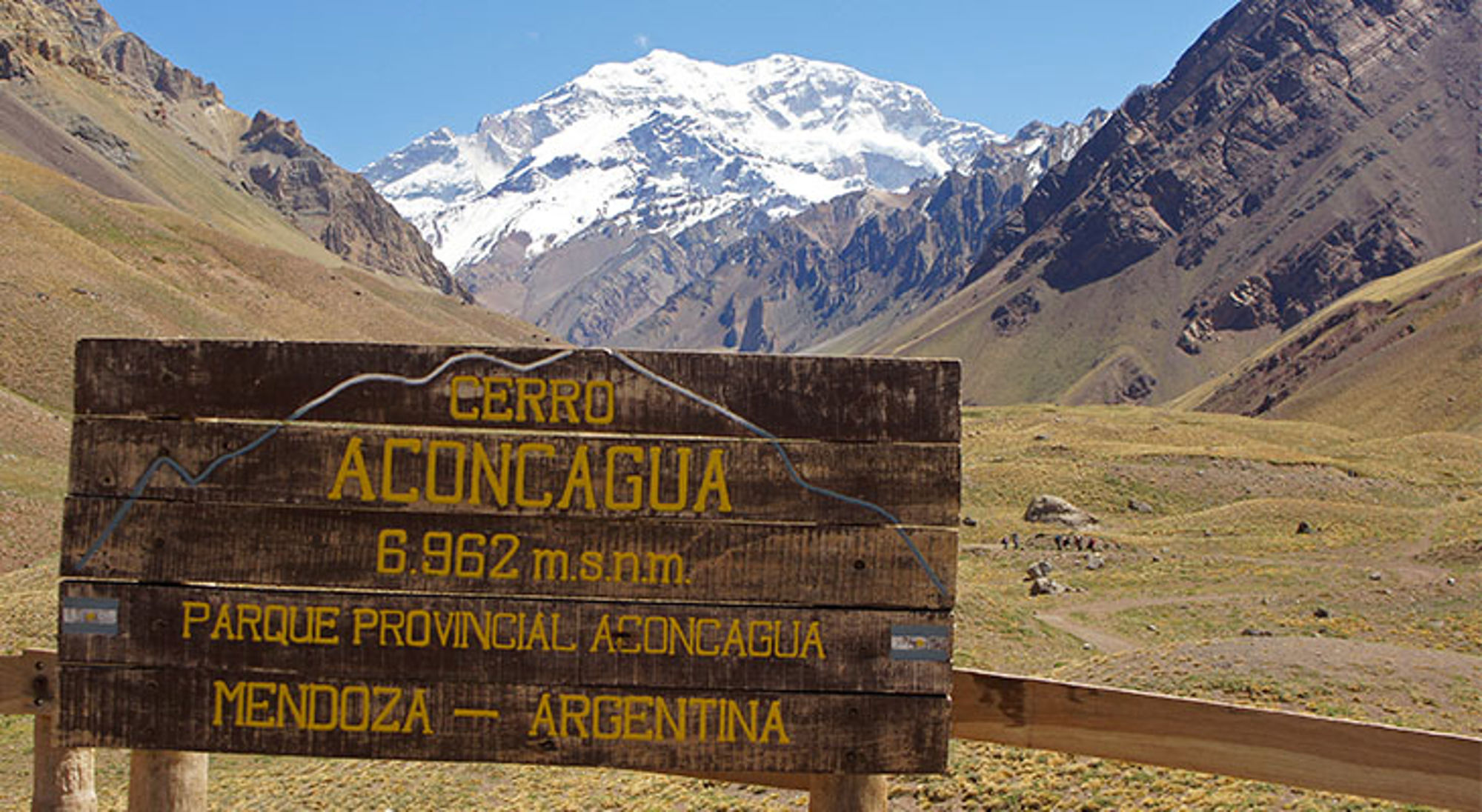 Bewegwijzering Aconcagua Houten bord bij Cerro Aconcagua (6.962 m) met besneeuwde bergtop in de Andes, Mendoza, Argentinië.