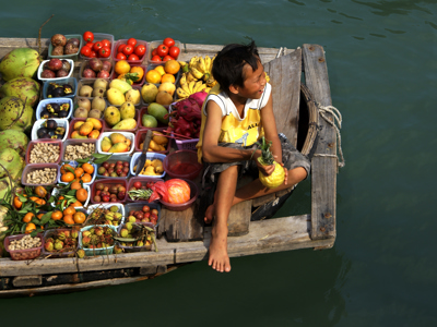 Fruitverkoper op een drijvende markt in Vietnam, met manden vol tropisch fruit op een houten boot.