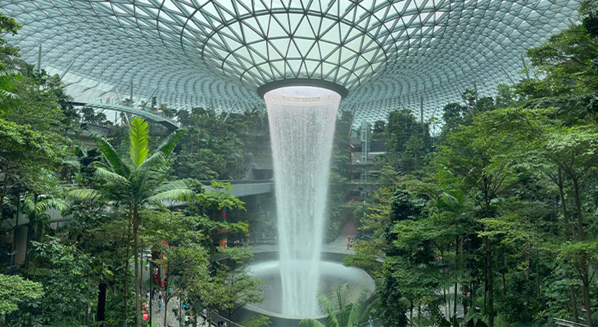 Vliegveld Singapore Indoorwaterval Rain Vortex in Jewel Changi Airport, omringd door tropische tuin onder glazen koepel.