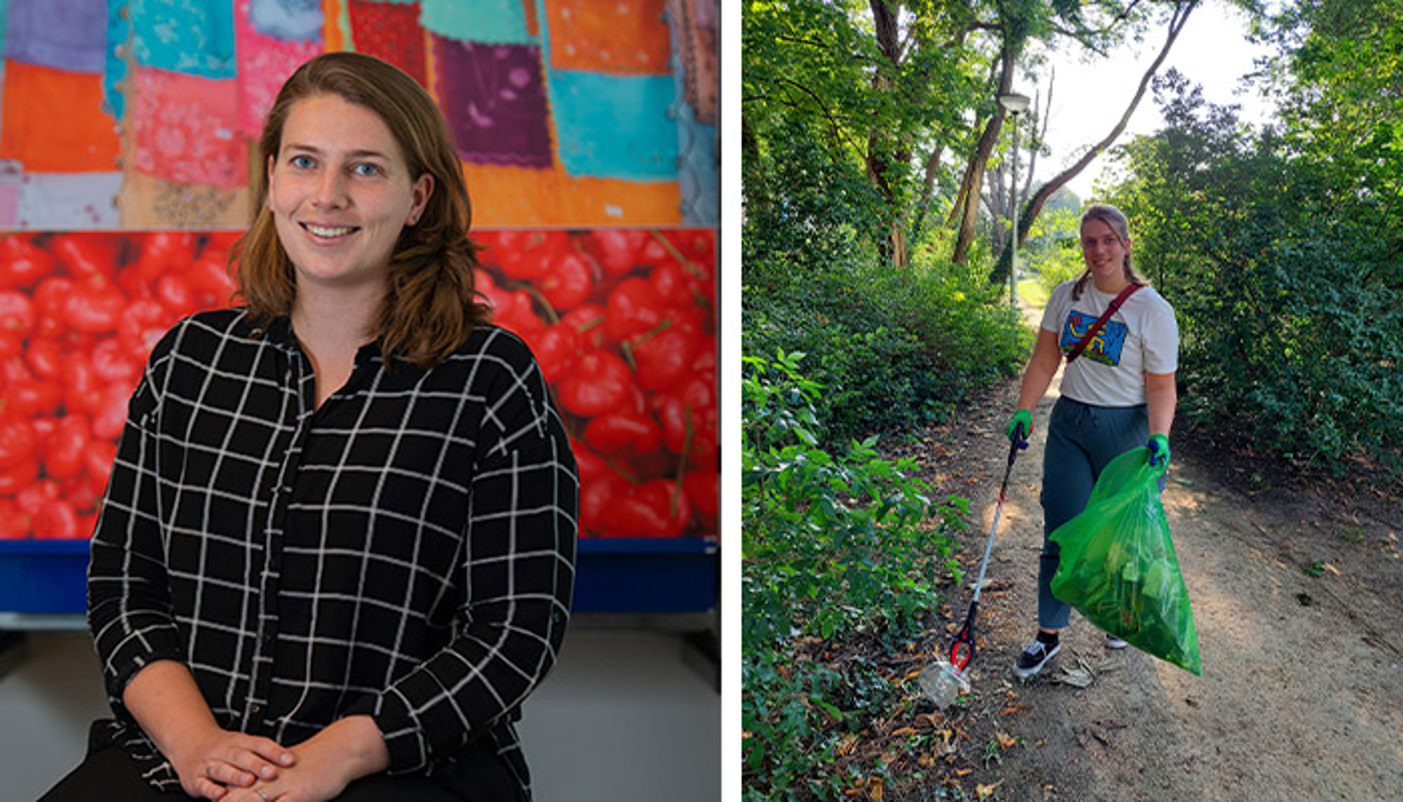 Carolien Portret van vrouw en vrouw die zwerfafval opruimt in een park met afvalgrijper en groene vuilniszak.