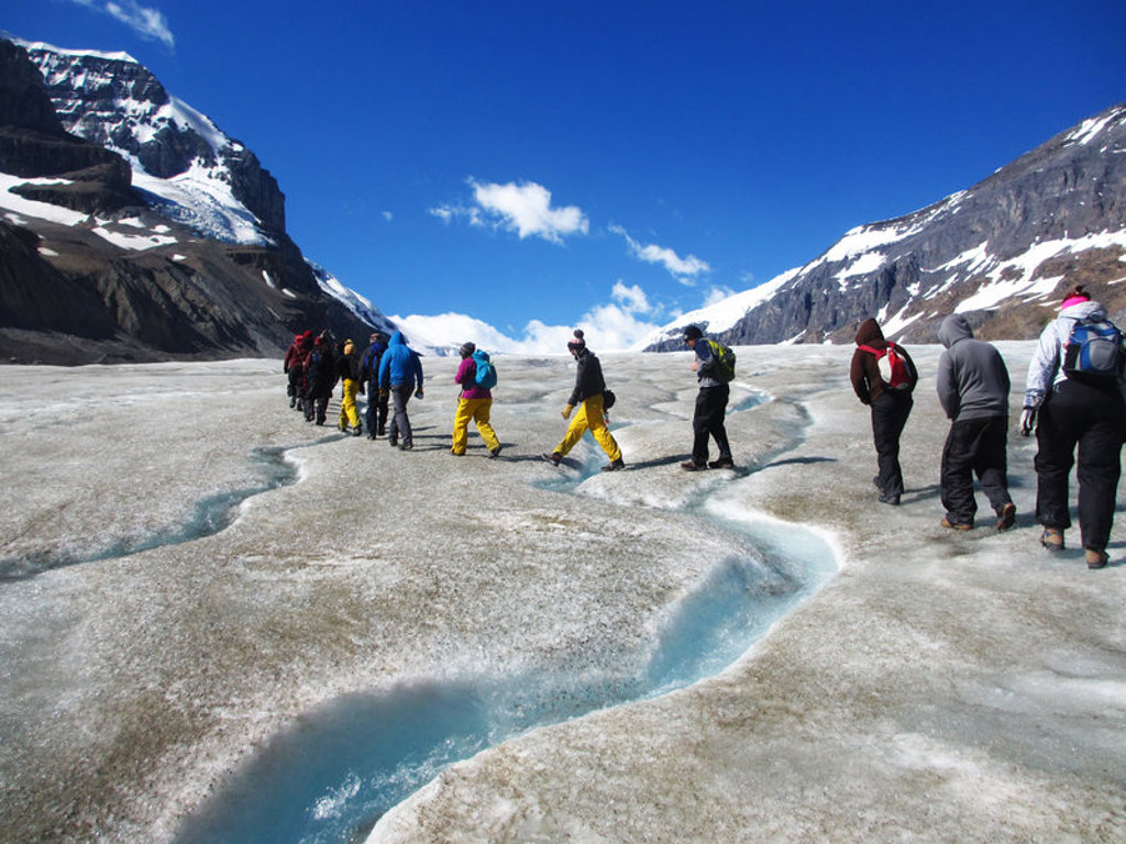 Groep wandelt over een gletsjer in de Canadese Rockies tijdens familiereis Canada West.