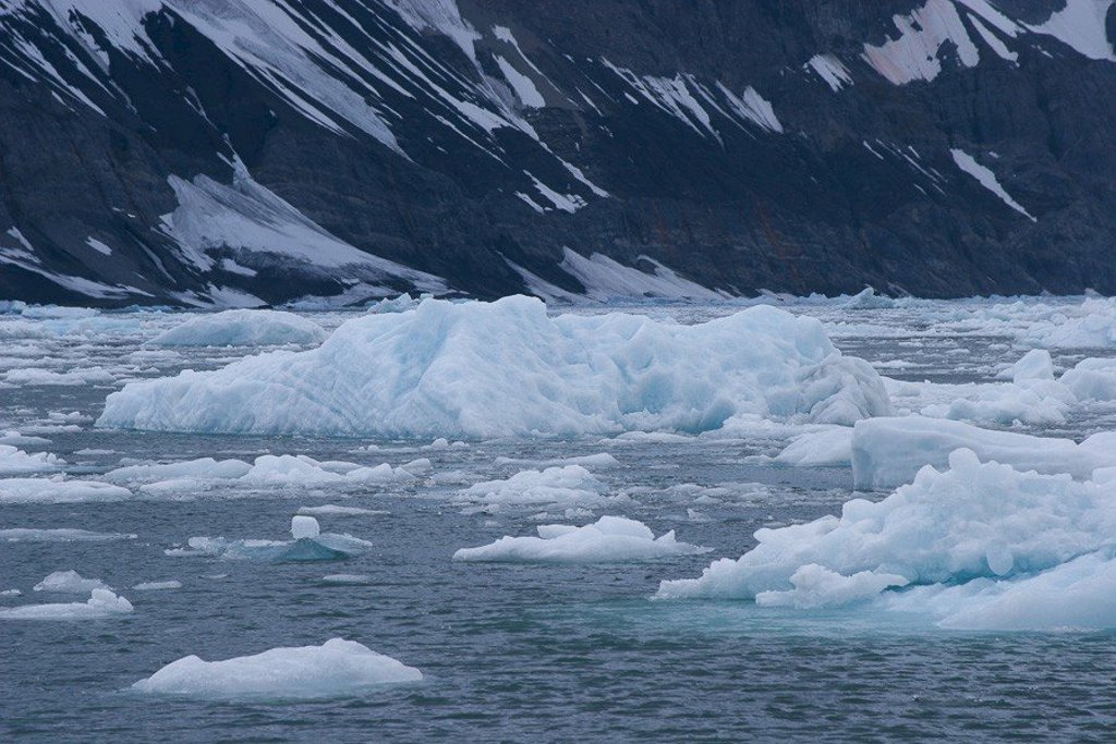 Zeilschip Noorderlicht vaart langs besneeuwde bergen en gletsjers bij Spitsbergen.