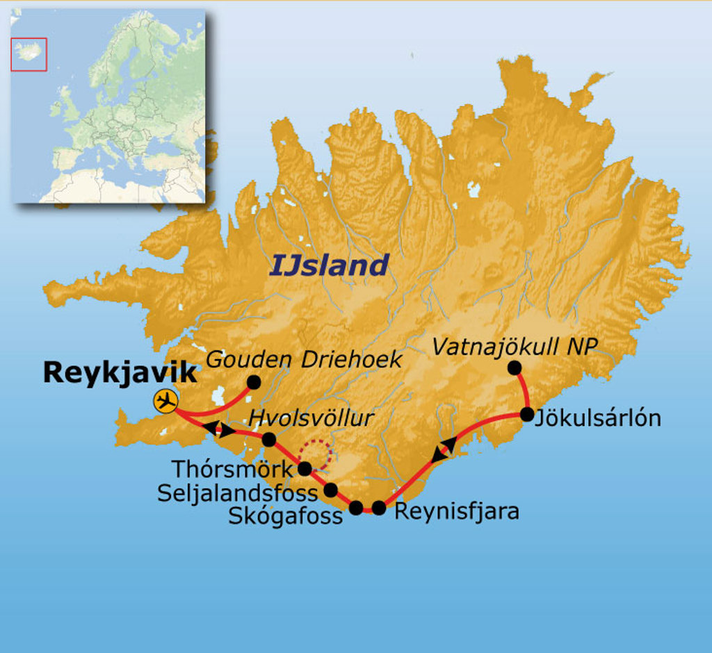 Routekaart IJsland met reisroute langs Reykjavik, Gouden Driehoek, Skógafoss, Reynisfjara en Jökulsárlón.