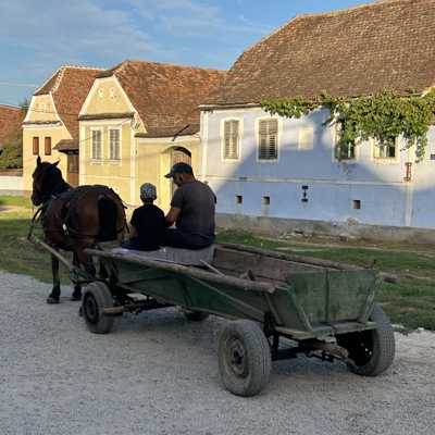 Paardenkar met twee passagiers in een Roemeens dorp met kleurrijke huizen tijdens groepsrondreis Roemenië.