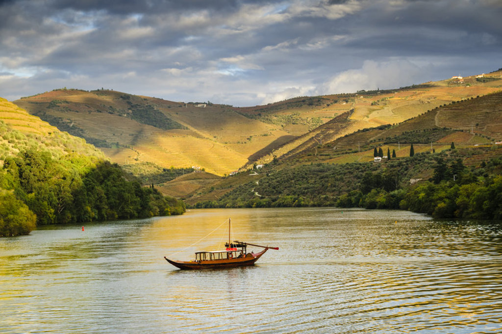 Traditionele rabelo-boot op de Douro-rivier met wijngaardterrassen in de Dourovallei, Portugal.