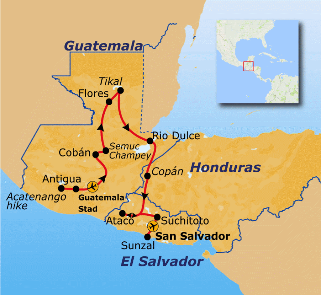 Routekaart Guatemala, El Salvador en Honduras met reisroute langs Antigua, Tikal, Copán, Rio Dulce en San Salvador.