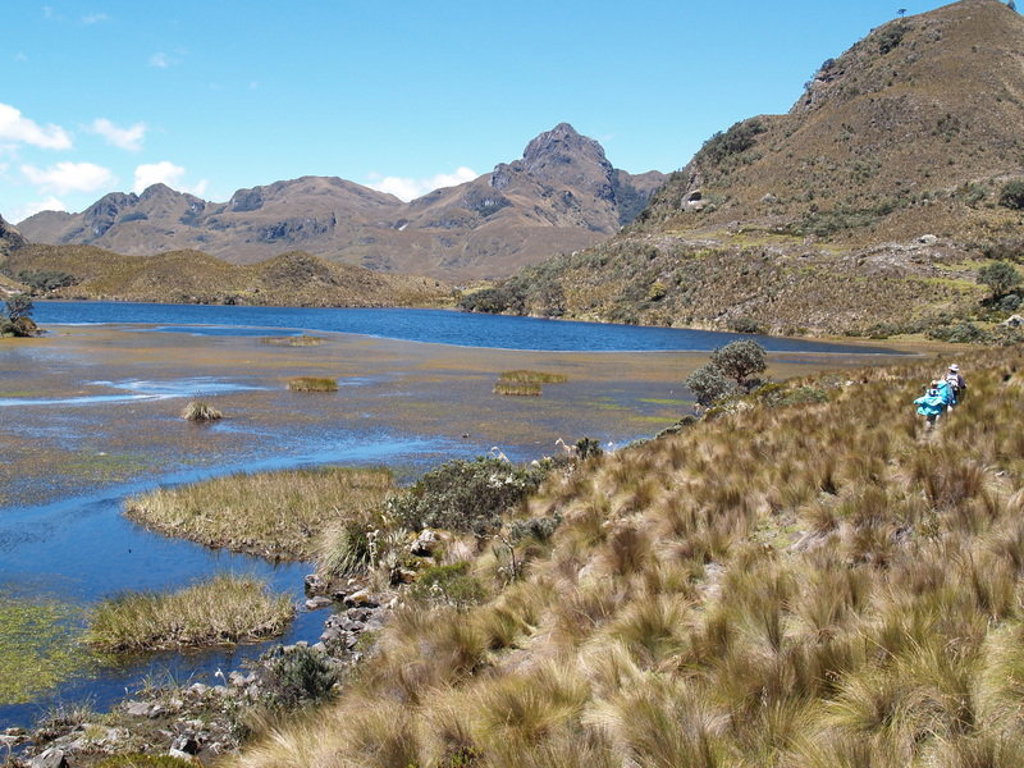 Wandelaar langs een bergmeer in de Andes tijdens een groepsrondreis Ecuador & Galapagos.