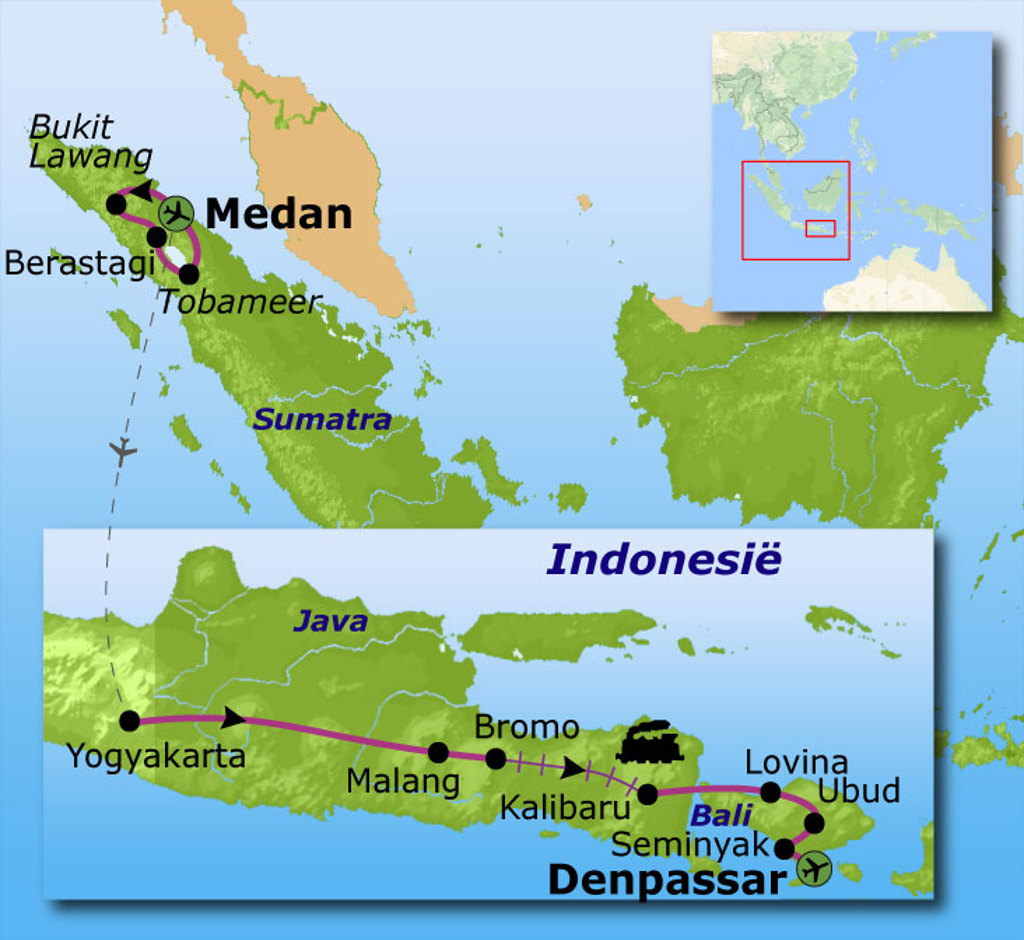 Routekaart Sumatra, Java en Bali met reisroute langs Medan, Tobameer, Yogyakarta, Bromo en Ubud.
