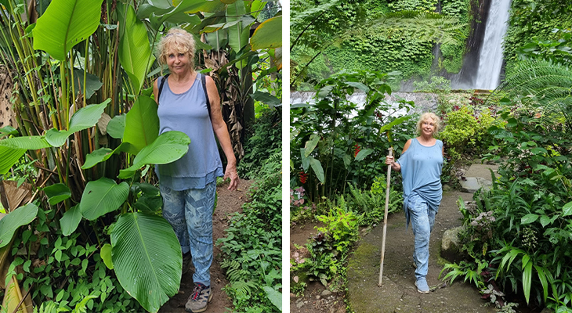 Mieke in Indonesië Vrouw wandelt door weelderig tropisch groen en poseert op een pad met waterval op de achtergrond.