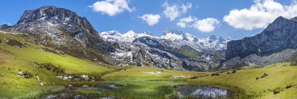 Groene vallei met meertje en besneeuwde bergtoppen in Picos de Europa, Spanje.