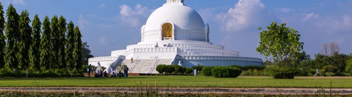 Witte Vredespagode in Lumbini, Nepal, met vijver vol waterlelies op de voorgrond.