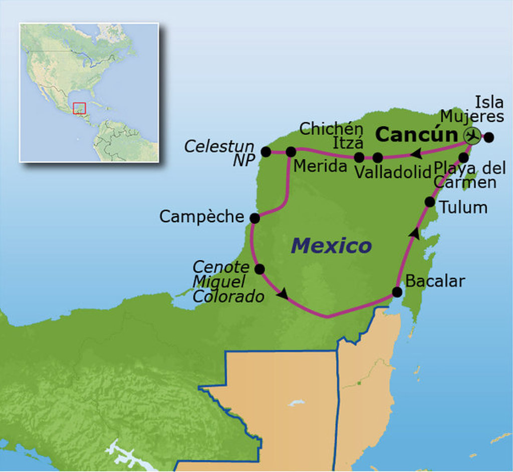 Route familiereis Mexico langs Cancún, Isla Mujeres, Playa del Carmen, Tulum, Bacalar, Mérida en Chichén Itzá.