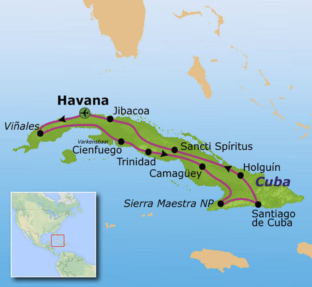 Routekaart Cuba 21 dagen met reisroute langs Havana, Viñales, Trinidad, Camagüey, Holguín en Santiago de Cuba.