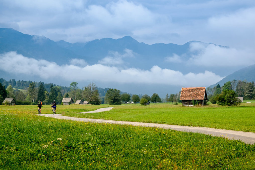 Fietsers op landweg door groene weide met berghutten en mistige Alpen op de achtergrond in Slovenië.