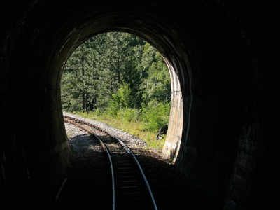 Spoorrails die door een tunnel naar een bosrijke omgeving leiden op de Route Zuidoost Europa.