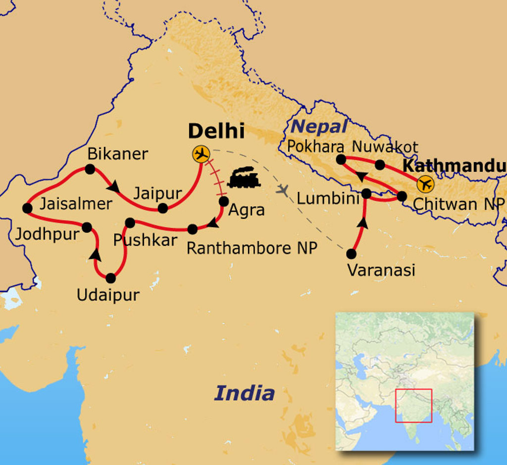 Routekaart Festivalreis Noord-India en Nepal met reisroute via Delhi, Jaipur, Agra, Varanasi en Kathmandu.