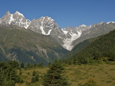Berglandschap in Georgië met besneeuwde toppen en een gletsjer boven groene valleien en dennenbossen.