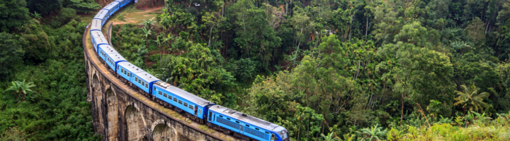 Blauwe trein op de Nine Arch Bridge tijdens de mooiste treinreis van Sri Lanka.