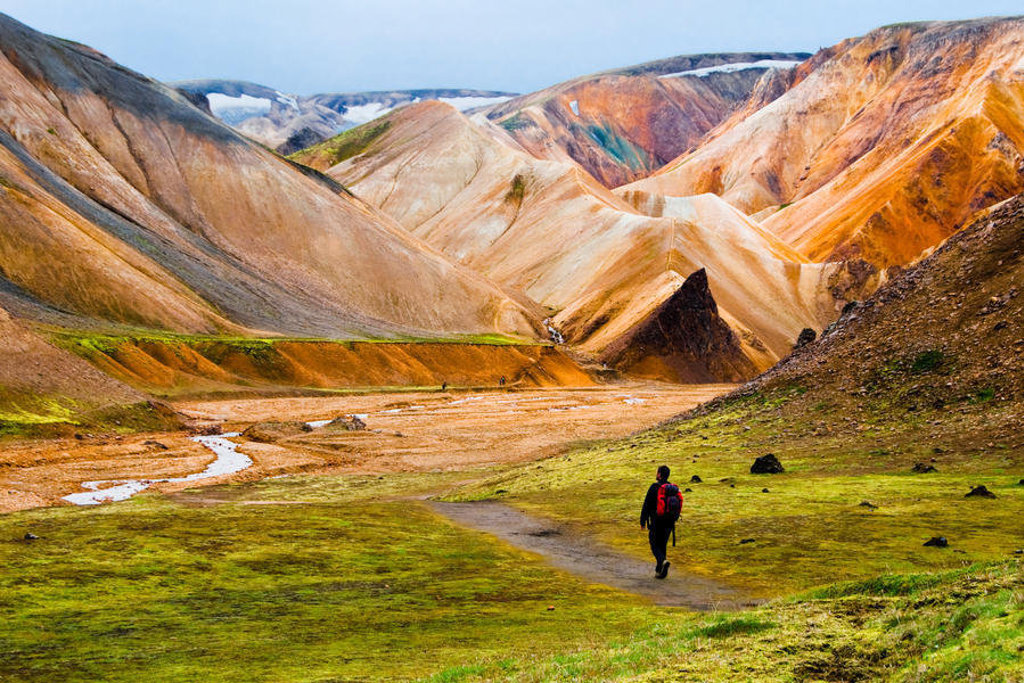 Wandelaar in Landmannalaugar tussen kleurrijke rhyolietbergen, Familiereis IJsland.
