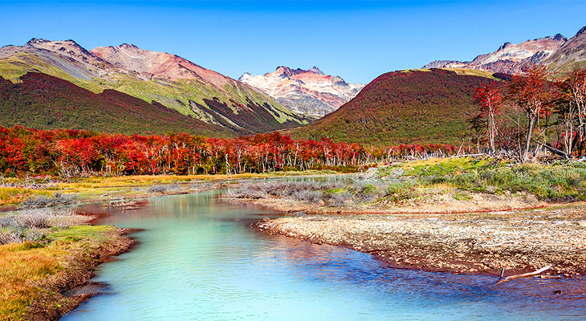 Vuurland Rivier met turquoise water door herfstbos en bergen in Patagonië.