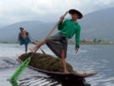 Intha-visser op het Inlemeer in Myanmar, staand op een boot met peddel.