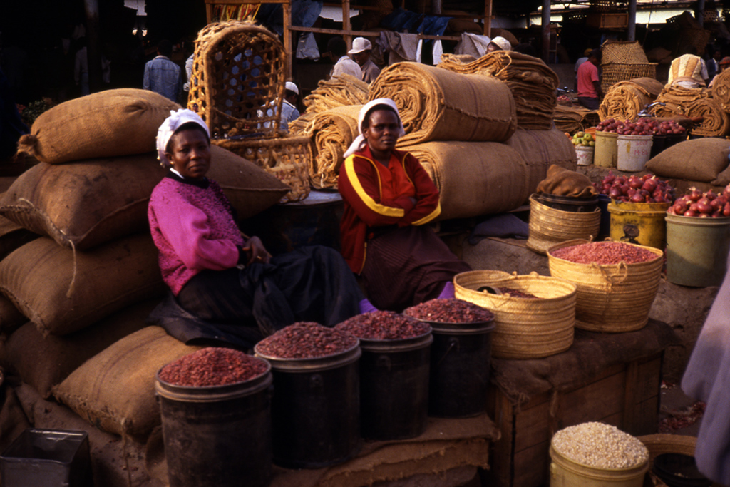 Marktvrouwen bij zakken en manden met bonen en uien op een markt in Zimbabwe tijdens een groepsrondreis.