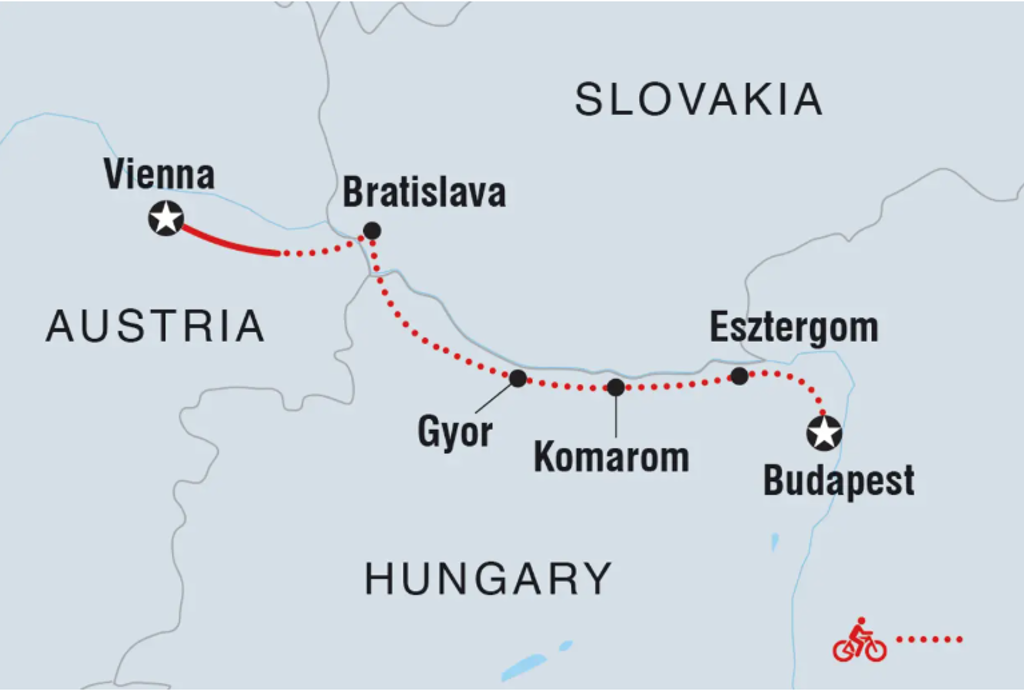 Routekaart van de 8-daagse fietsreis langs de Donau van Wenen via Bratislava naar Boedapest.