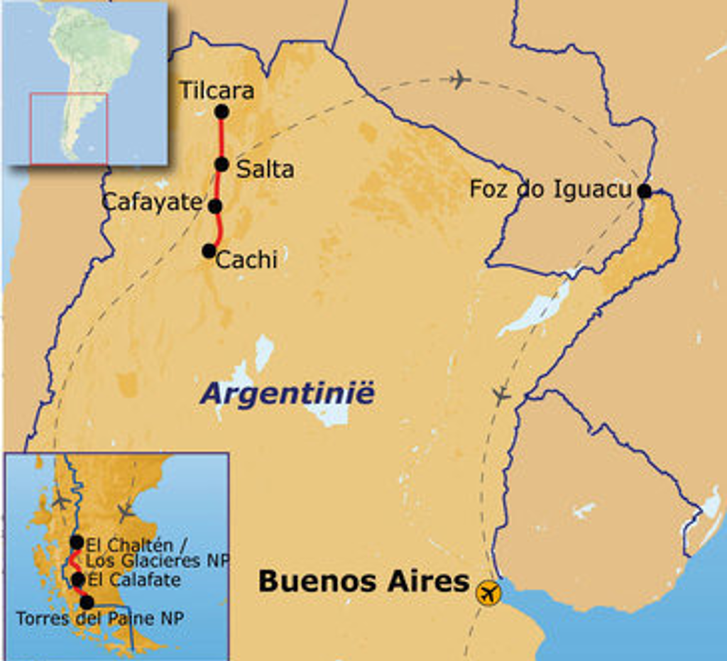 Routekaart Argentinië met reisroute langs Buenos Aires, Salta, Tilcara, Cafayate, Cachi en Foz do Iguaçu.