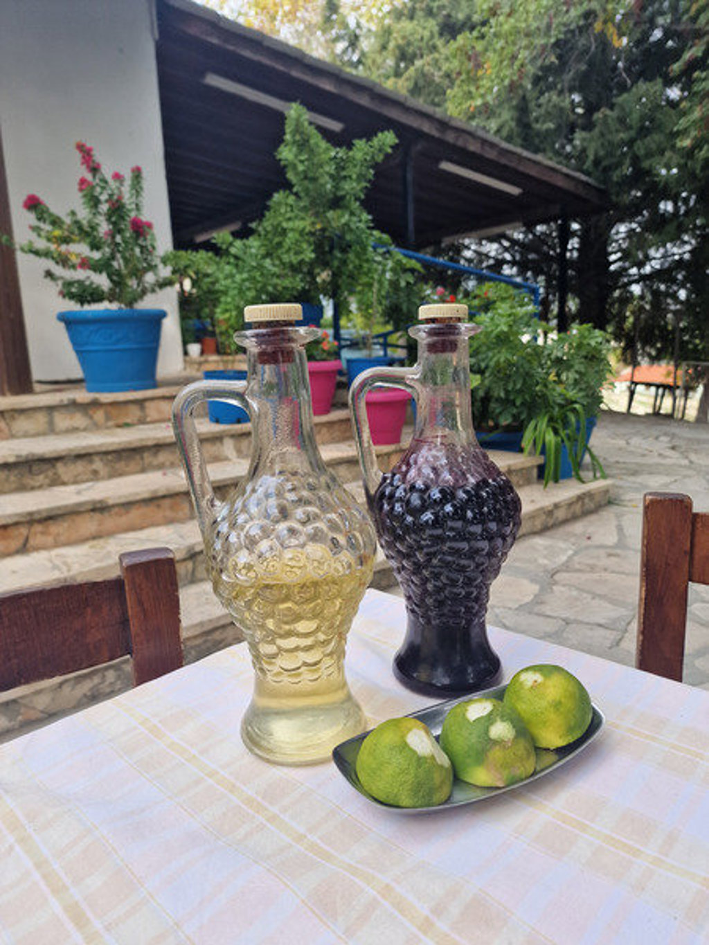 Karaffen met lokale wijn en citrusvruchten op een terras tijdens wandelvakantie op Cyprus.