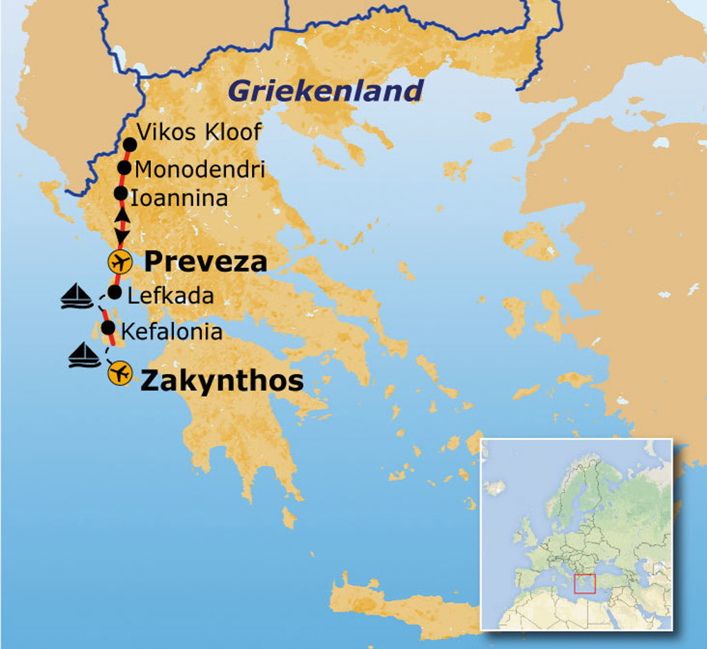 Routekaart Griekenland met Preveza, Vikos Kloof, Lefkada, Kefalonia en Zakynthos.