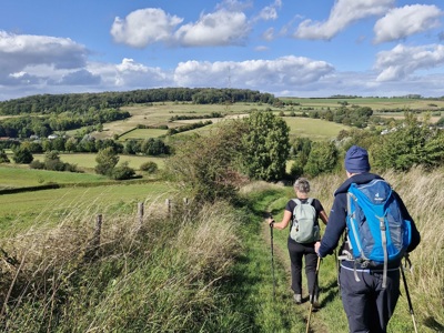 Wandelaars op de Dutch Mountain Trail door het heuvelachtige Limburgse landschap onder een blauwe lucht.