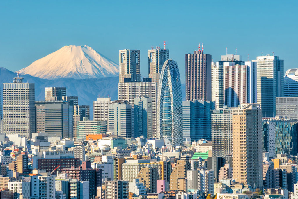 Skyline van Tokio met Mount Fuji op de achtergrond tijdens een familiereis Japan.