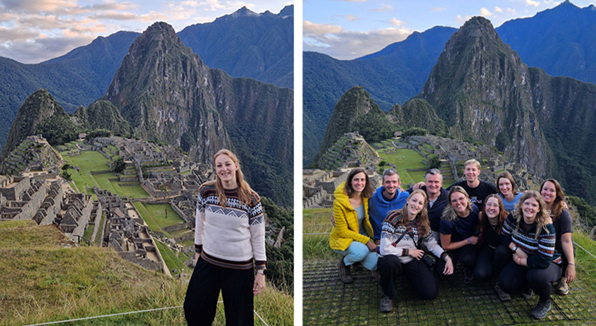 Machu Picchu Peru Groepsfoto bij Machu Picchu met de ruïnes en Huayna Picchu op de achtergrond.