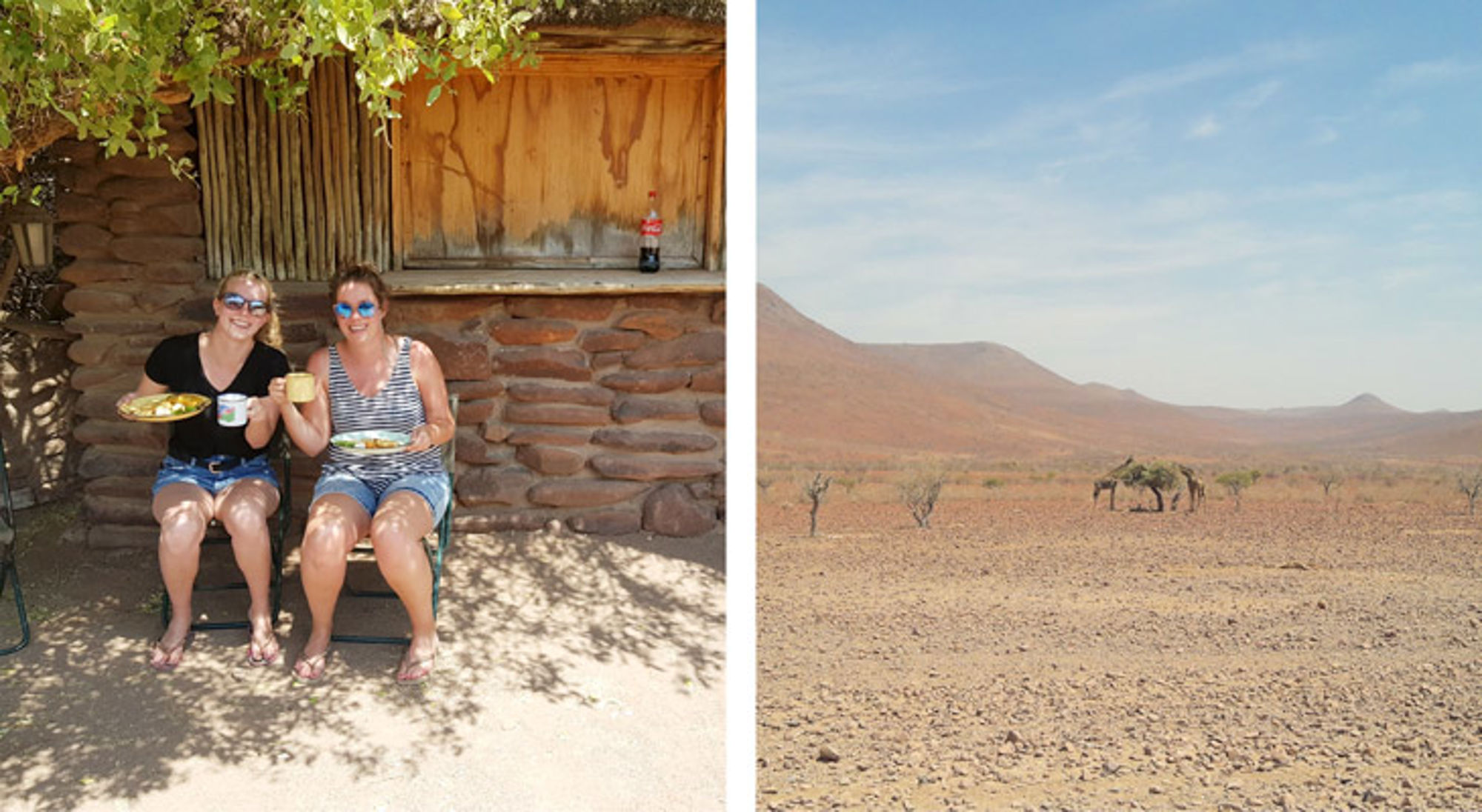 Onderweg in Namibië Twee reizigers eten buiten bij een lodge; op de achtergrond een droog landschap met grazende giraffen.