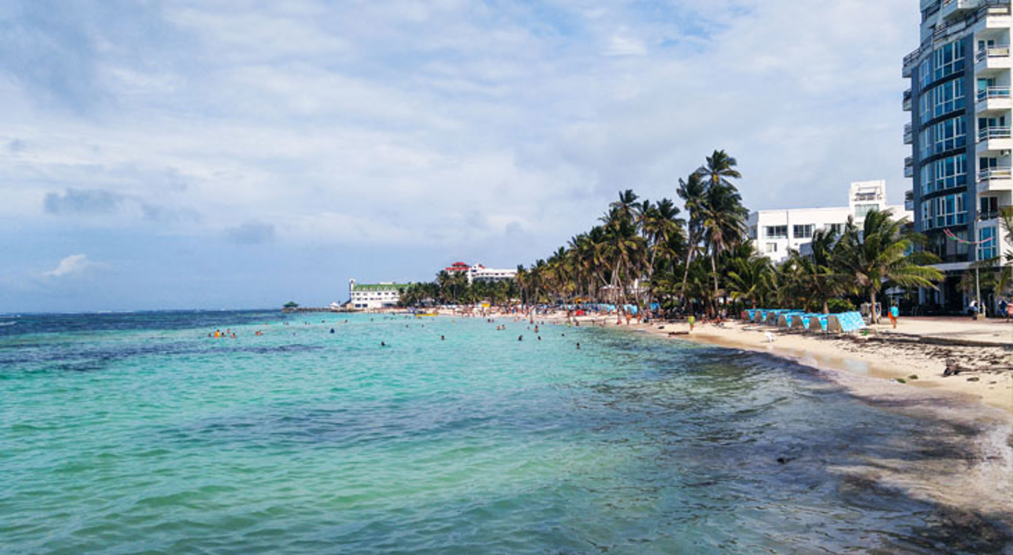 Strand San Andres Strand met palmbomen en helderblauw zeewater op San Andrés, Colombia.