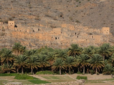 Traditioneel bergdorp met stenen huizen boven een palm-oase in Oman tijdens de route Oman en Dubai, 11 dagen.