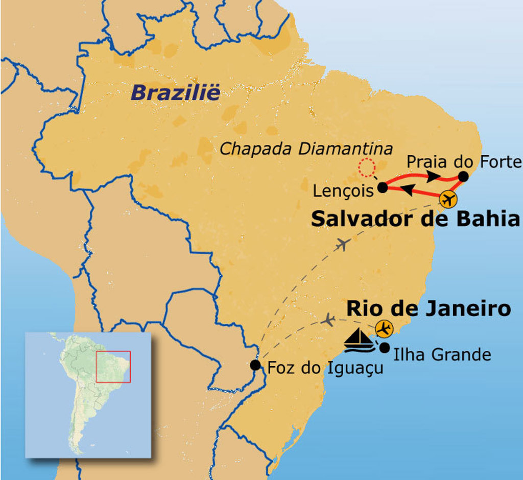 Routekaart Brazilië met reisroute langs Salvador de Bahia, Chapada Diamantina, Rio de Janeiro, Ilha Grande en Foz do Iguaçu.