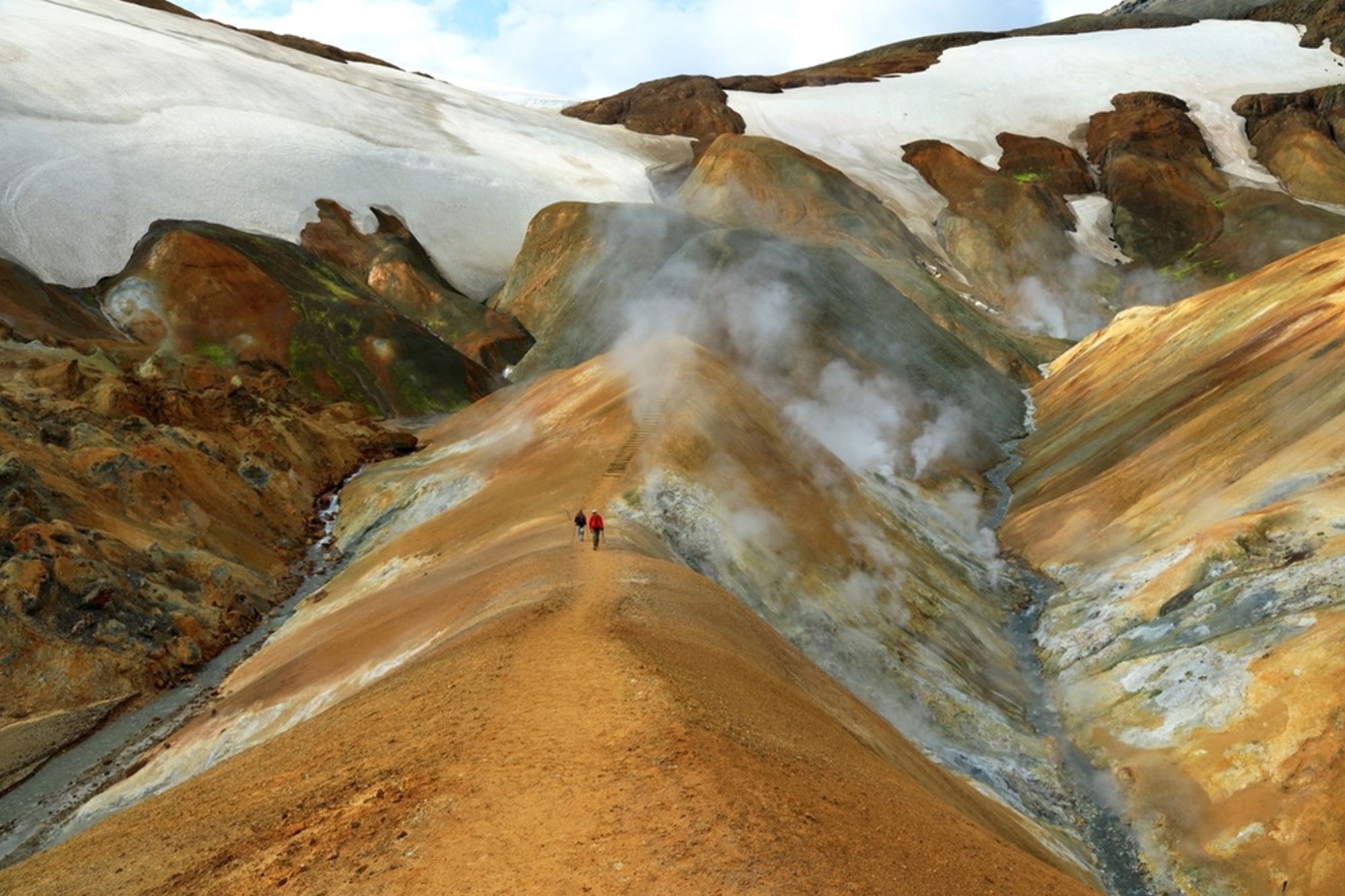 Wandelaars op bergkam in Landmannalaugar met kleurrijke rhyolietbergen, stoompluimen en sneeuwvelden in IJsland.