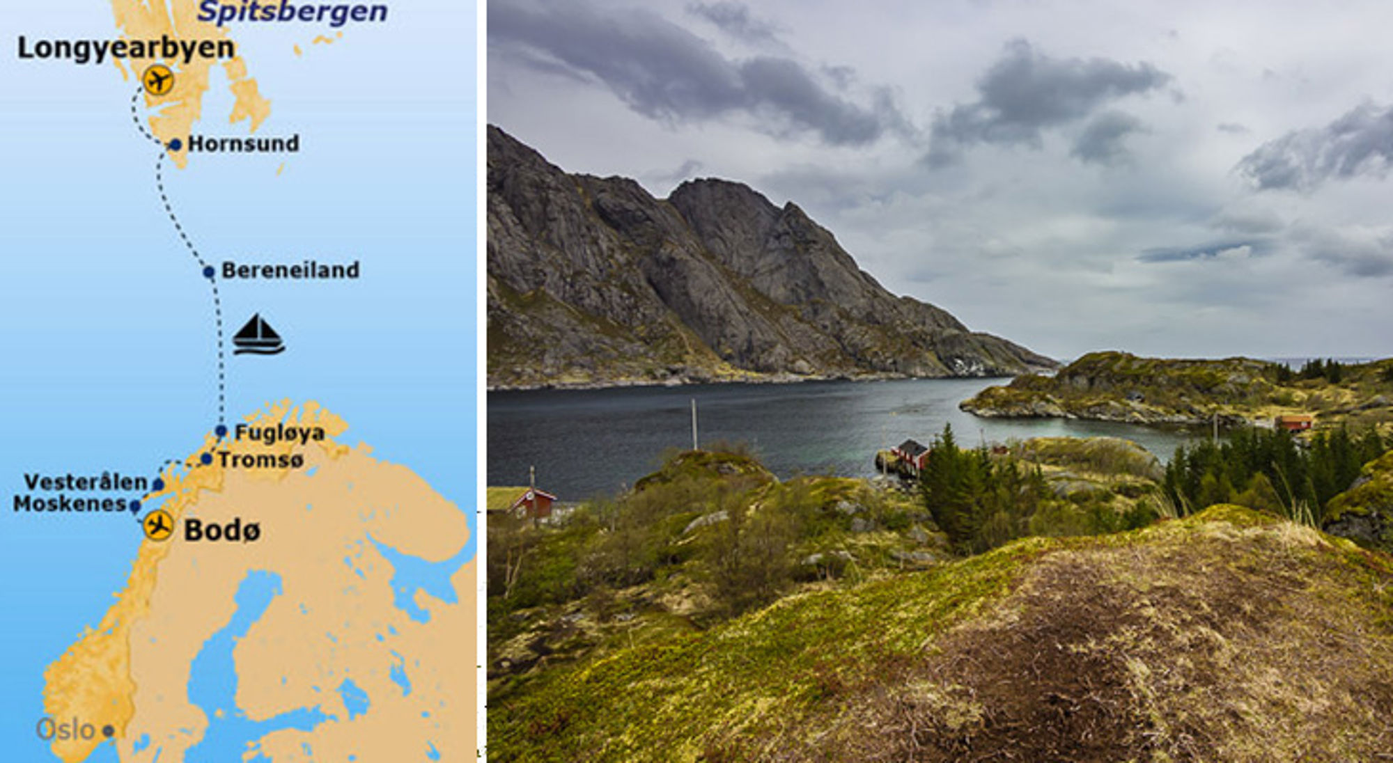 Kaart van route Bodø–Spitsbergen naast uitzicht op fjord met bergen en kustlandschap in Noorwegen.