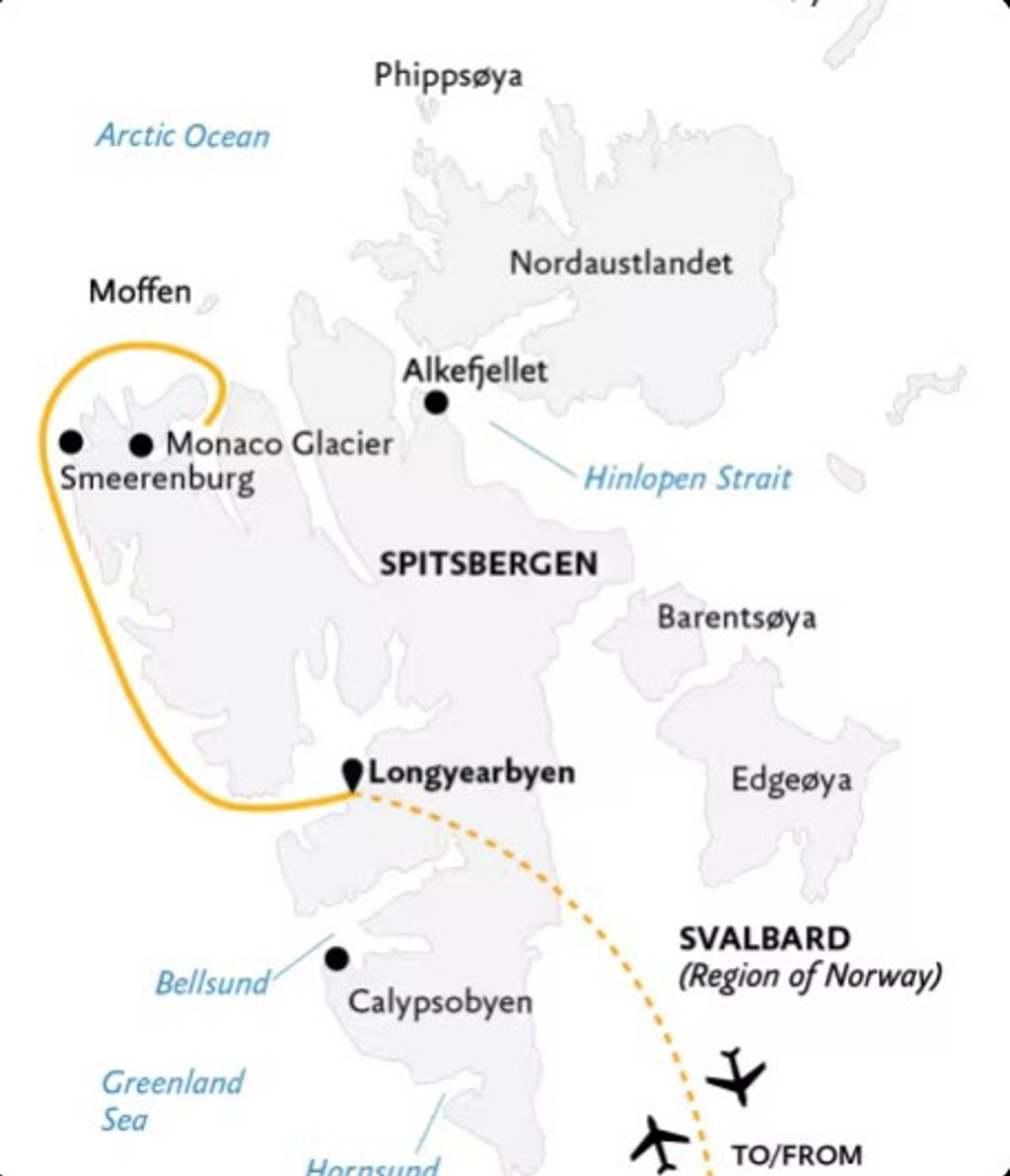 Routekaart Spitsbergen 8 dagen met route via Longyearbyen, Smeerenburg en Monaco Glacier.