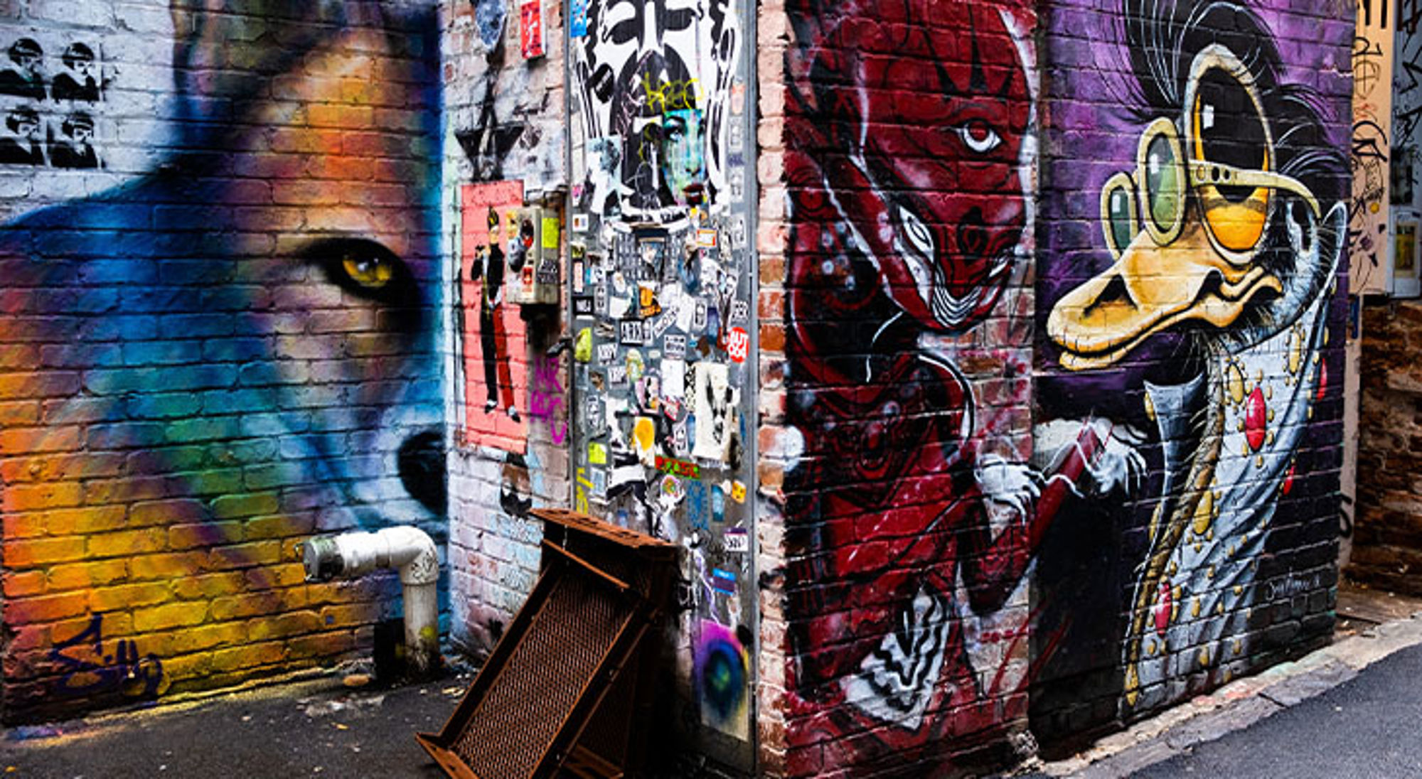 Street art Melbourne Street art en graffiti op bakstenen muur in steeg, met kleurrijk portret en tekening van een vogel.