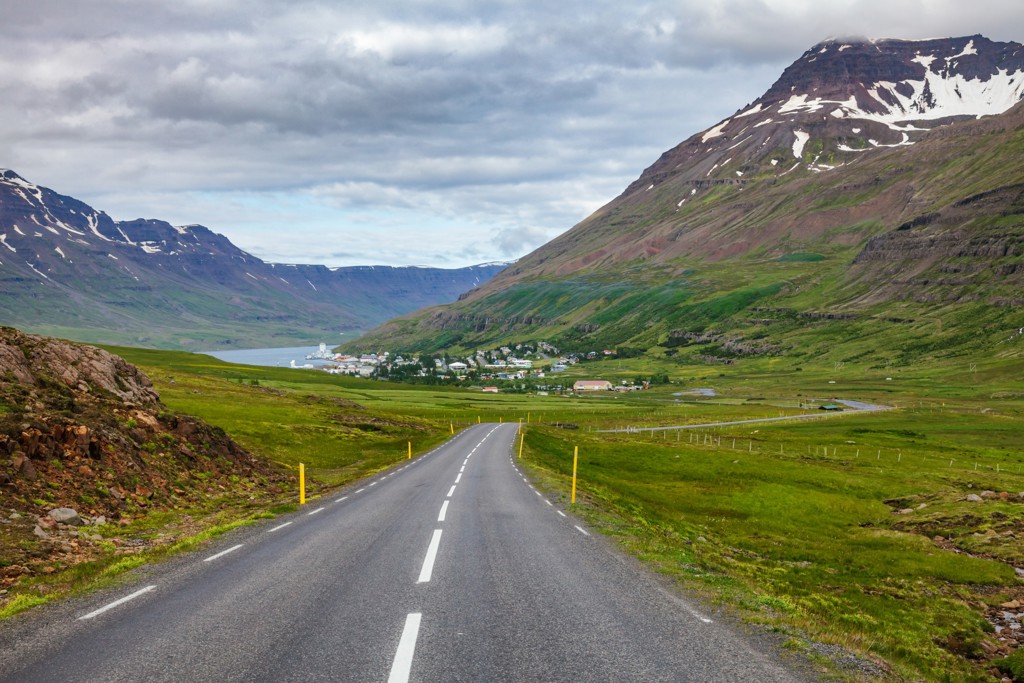 Weg door groen berglandschap naar fjord en dorp in IJsland tijdens groepsrondreis IJsland.