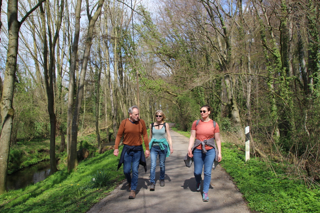 Wandelaars op bospad tijdens wandelvakantie Dutch Mountain Trail in Zuid-Limburg.